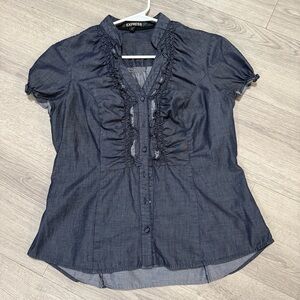 Express Rouches Women's Dark Blue Button-Up Blouse
